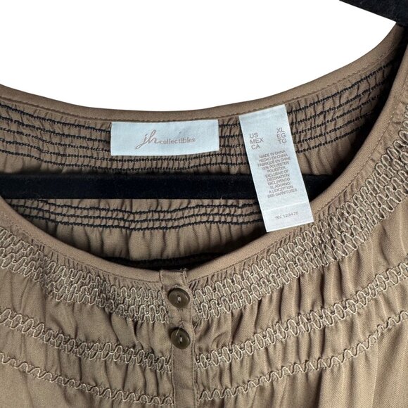 JH Collectibles Womens XL Smocked Neck Button-Front Blouse In Olive Green - Picture 4 of 9